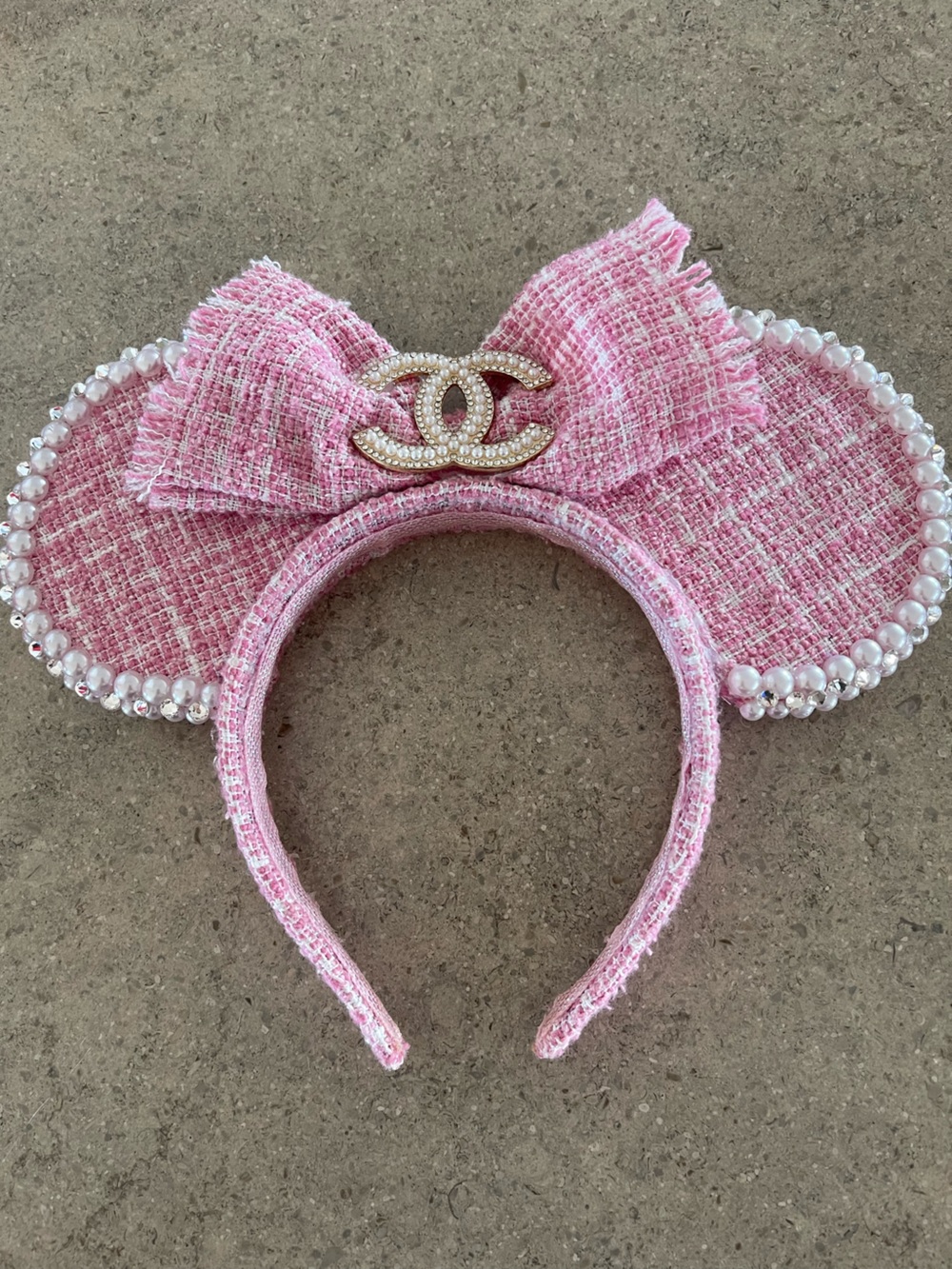 Pink Tweed beaded minnie/mickey mouse ears headband - previously loved